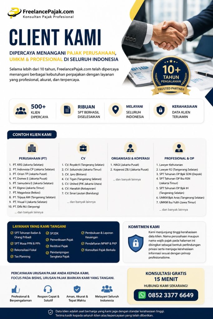 Client FreelancePajak.com yang telah dipercaya menangani pajak perusahaan, UMKM, dan profesional di seluruh Indonesia selama lebih dari 10 tahun.