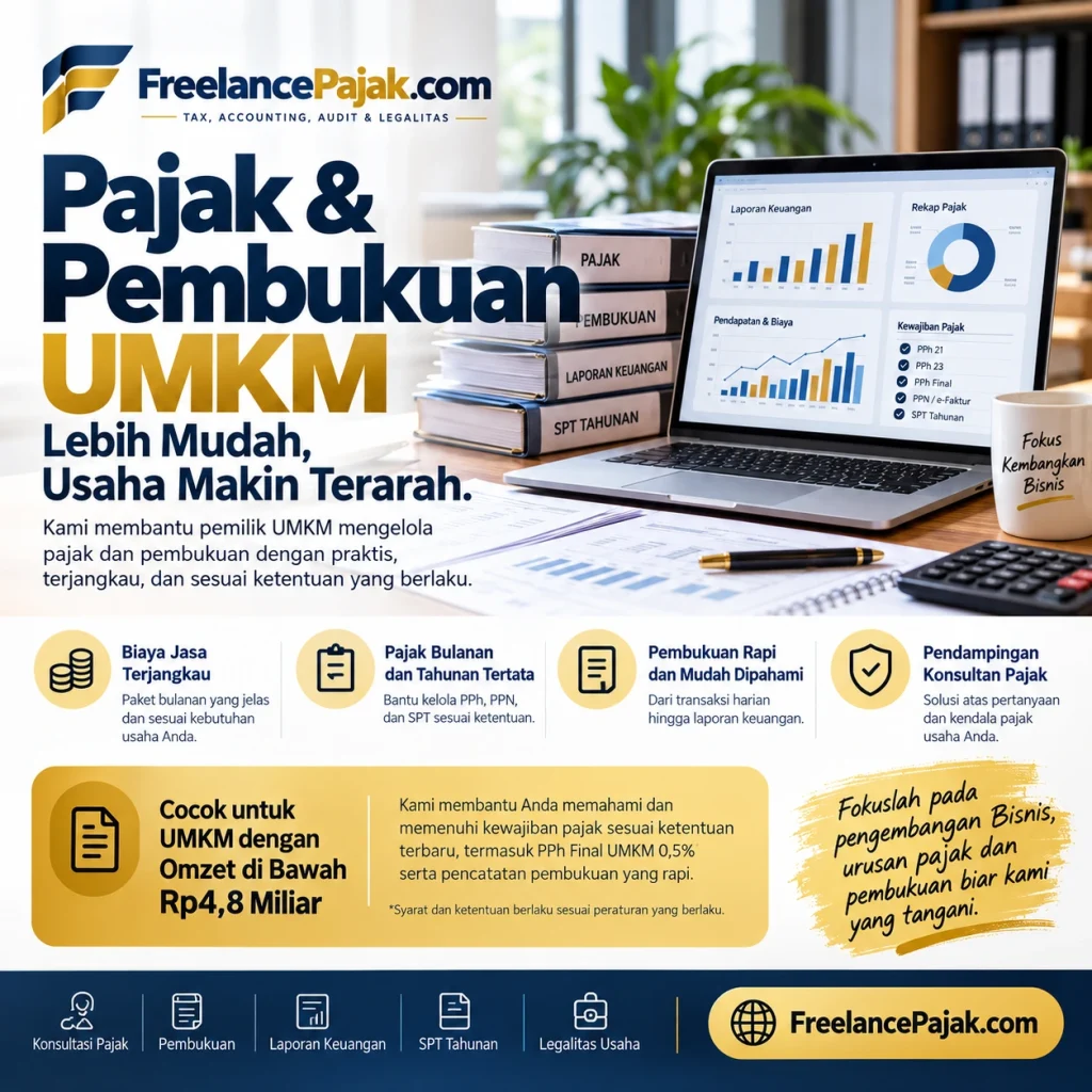 Jasa pajak dan pembukuan UMKM Freelance Pajak untuk usaha beromzet di bawah Rp4,8 miliar.